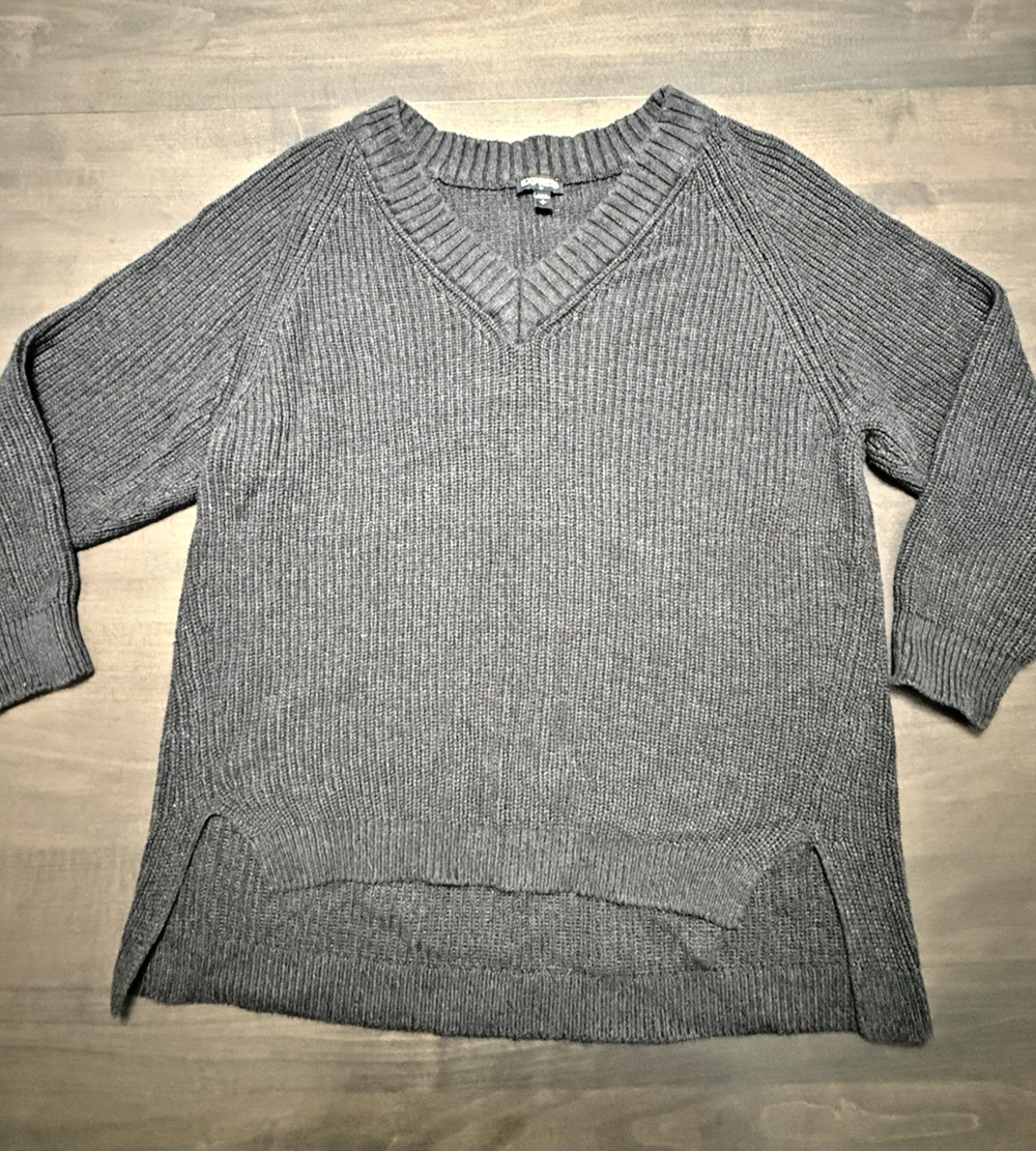 Express Womens Oversized Chunky Knit Sweater S/P Black V-Neck Cozy Gray/Black